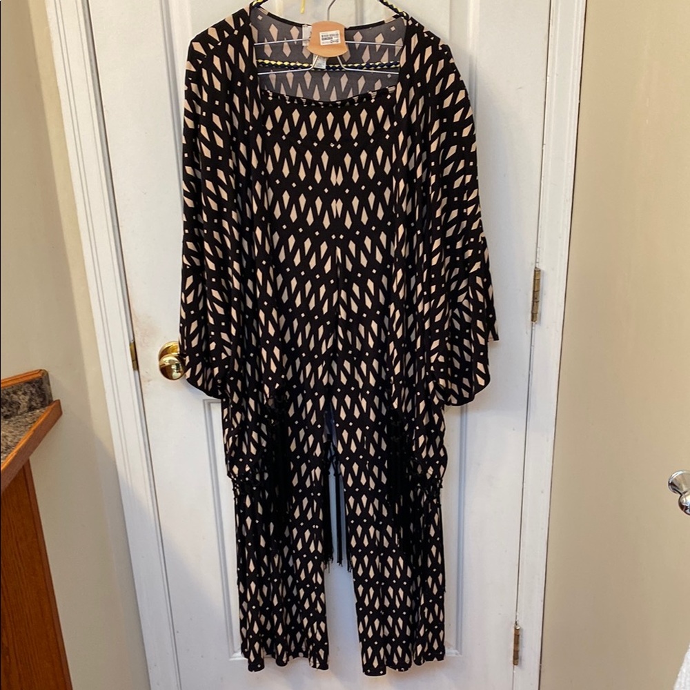 Joseph Ribkoff Black and Cream Fringe Top and Wide Leg Pants